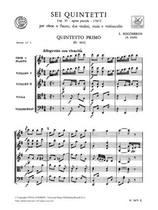 Sei quintetti op. 55 G. 431-436 - BOCCHERINI - Partition